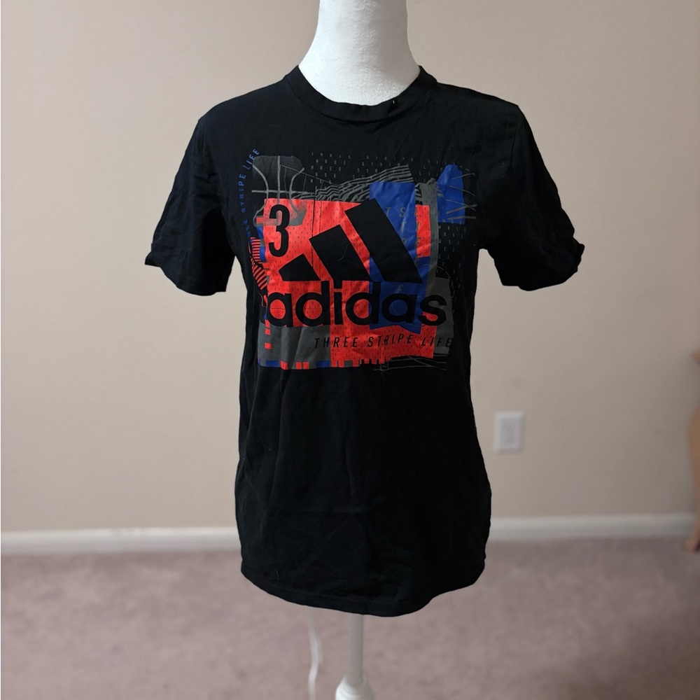 Adidas Black Tee with Red and Blue Graphic
